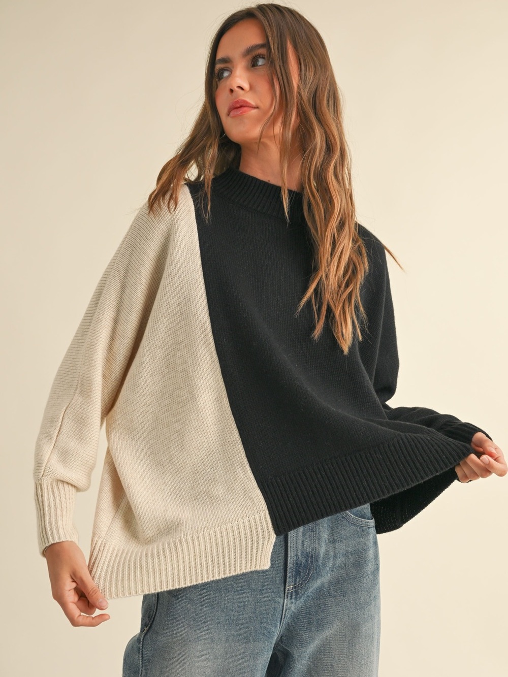 Colorblock Black and Cream Women's Pullover Sweater - Hyfve